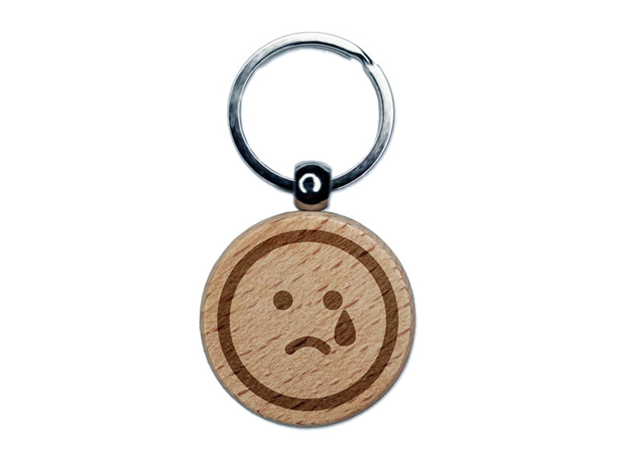 Sad Tear Crying Frown Face Emoticon Engraved Wood Round Keychain Tag Charm